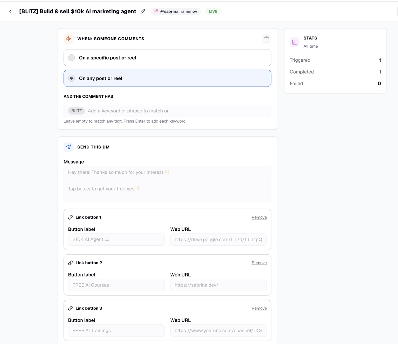Blotato DM Automation builder showing a comment keyword and automatic direct message