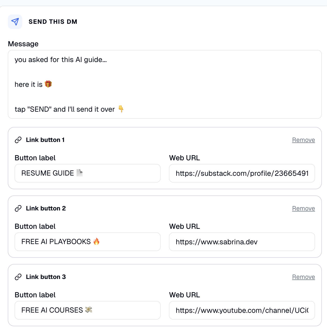 DM Automation editor showing link buttons with sample labels and URLs to replace