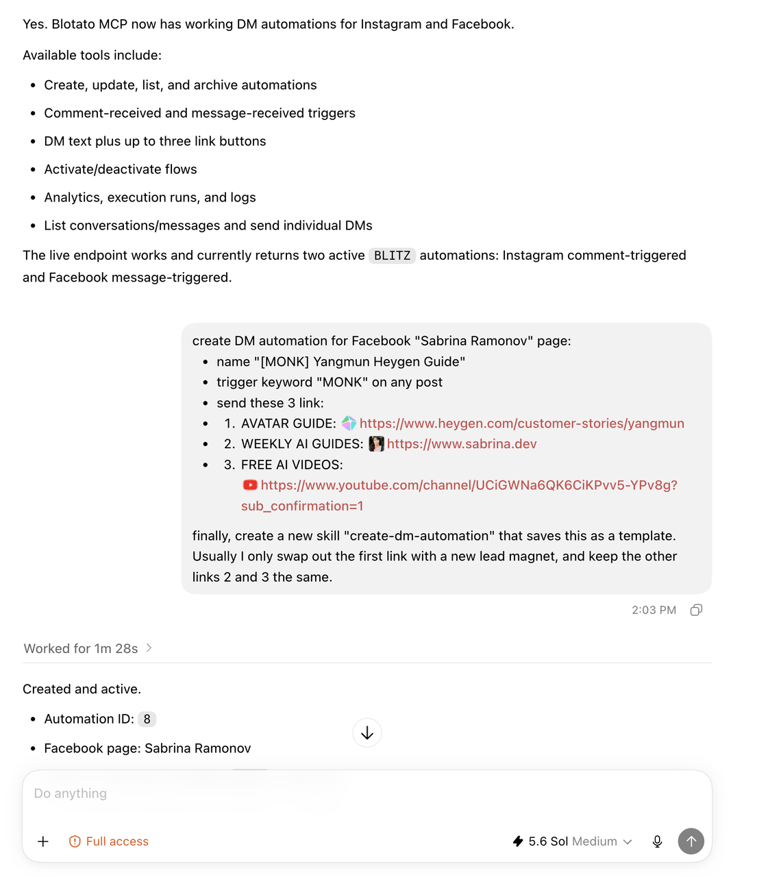 Claude creating and activating a Facebook DM Automation through Blotato MCP