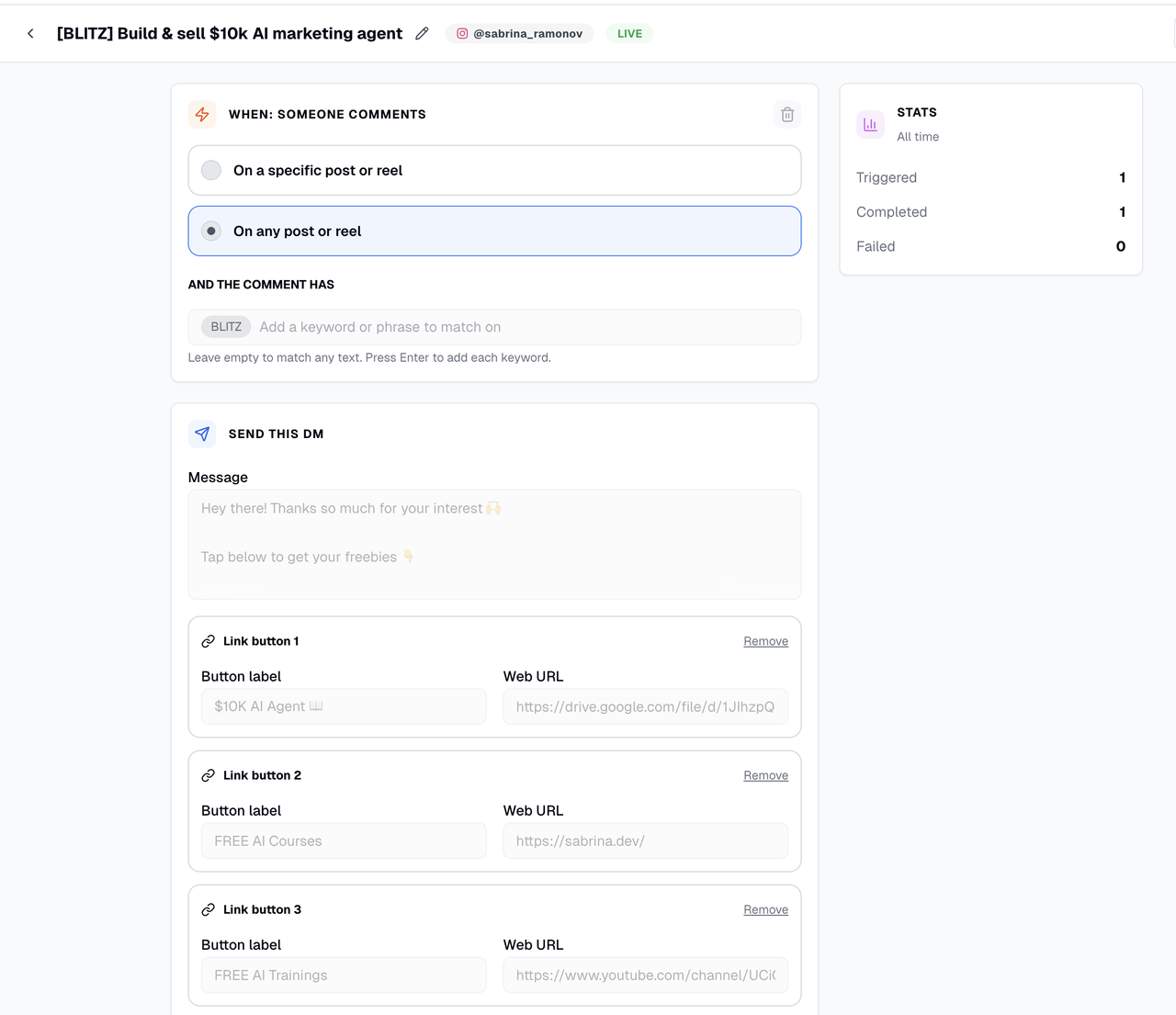 Blotato DM Automation editor showing a comment keyword trigger, direct message, link buttons, and automation statistics